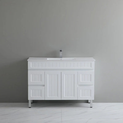 Ceto Acacia 1500mm Both Side Drawer Single Bowl Freestanding Vanity Matte White (Marble Stone Top) - Sydney Home Centre