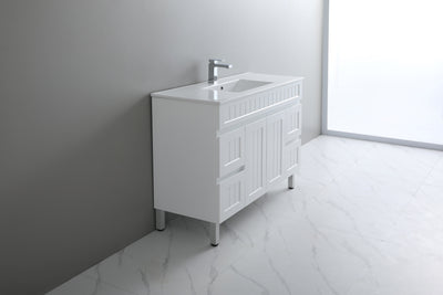 Ceto Acacia 1200mm Both Side Drawer Single Bowl Freestanding Vanity Matte White (Quartz Stone Top) - Sydney Home Centre