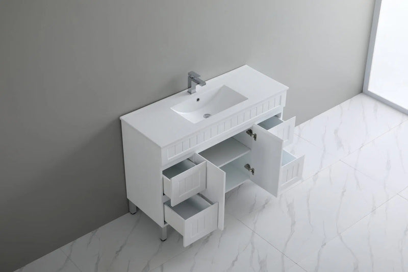 Ceto Acacia 1500mm Both Side Drawer Single Bowl Freestanding Vanity Matte White (Quartz Stone Top) - Sydney Home Centre