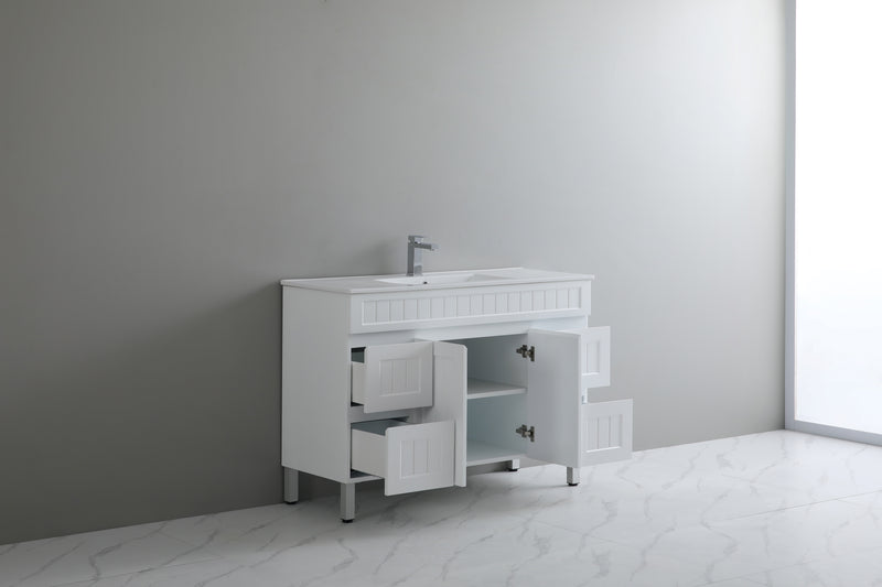 Ceto Acacia 1200mm Both Side Drawer Single Bowl Freestanding Vanity Matte White (Marble Stone Top) - Sydney Home Centre