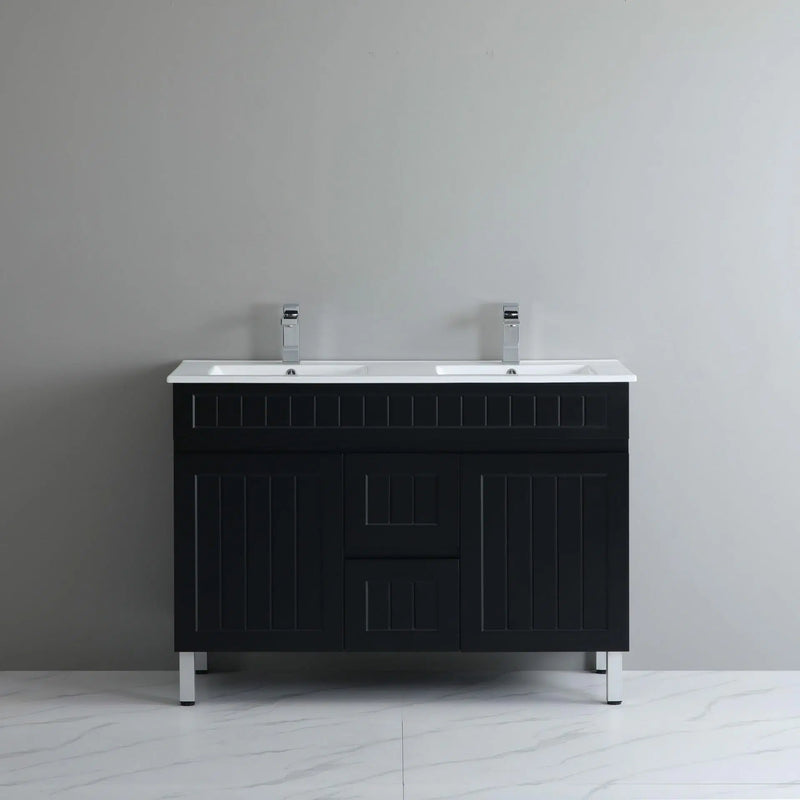 Ceto Acacia 1200mm Middle Drawer Double Bowl Freestanding Vanity Matte Black (Cabinet Only) - Sydney Home Centre