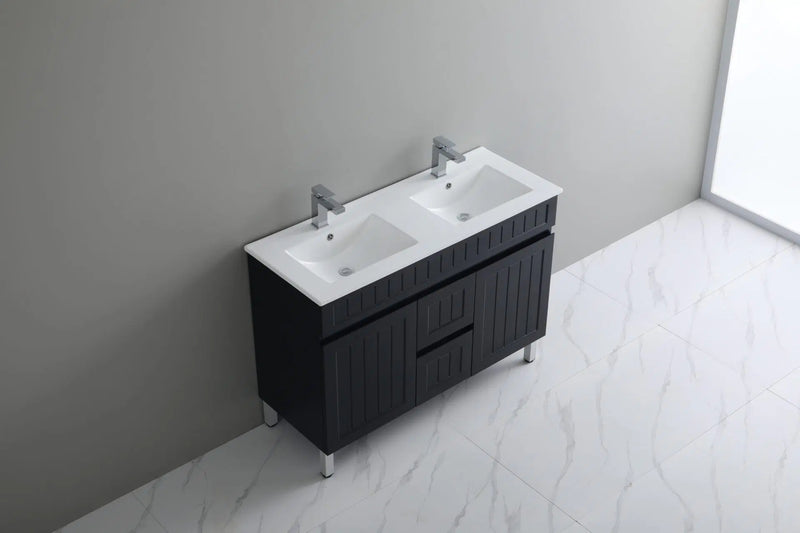 Ceto Acacia 1200mm Middle Drawer Double Bowl Wall Hung Vanity Matte Black (Marble Stone Top) - Sydney Home Centre