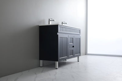 Ceto Acacia 1200mm Middle Drawer Double Bowl Freestanding Vanity Matte Black (Marble Stone Top) - Sydney Home Centre