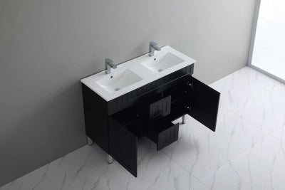 Ceto Acacia 1200mm Middle Drawer Double Bowl Wall Hung Vanity Matte Black (Quartz Stone Top) - Sydney Home Centre