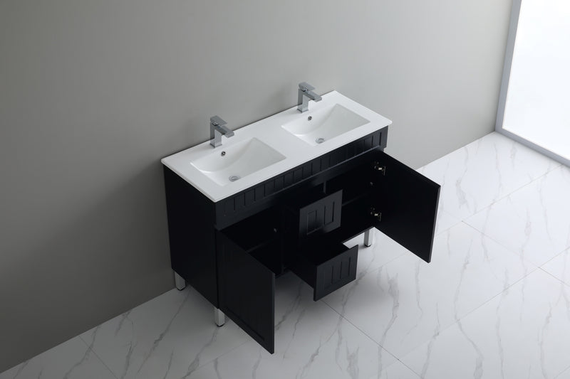 Ceto Acacia 1200mm Middle Drawer Double Bowl Freestanding Vanity Matte Black (Cabinet Only) - Sydney Home Centre