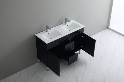 Ceto Acacia 1200mm Middle Drawer Double Bowl Freestanding Vanity Matte Black (Ceramic Top) - Sydney Home Centre