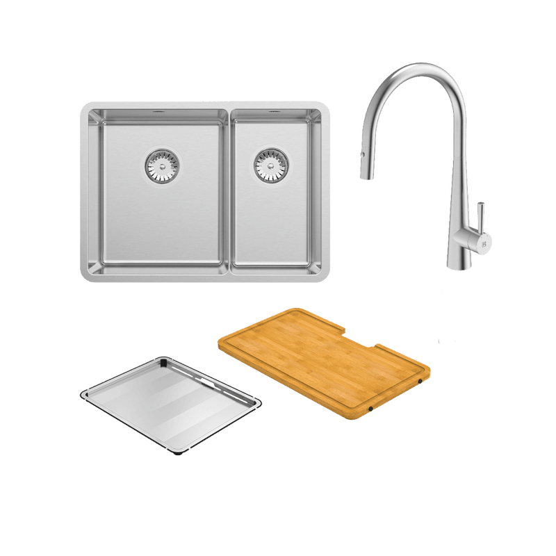 Abey Lucia 190 Sink Stainless Steel With KTA014-BR Kitchen Mixer, Drain Tray & Cutting Board