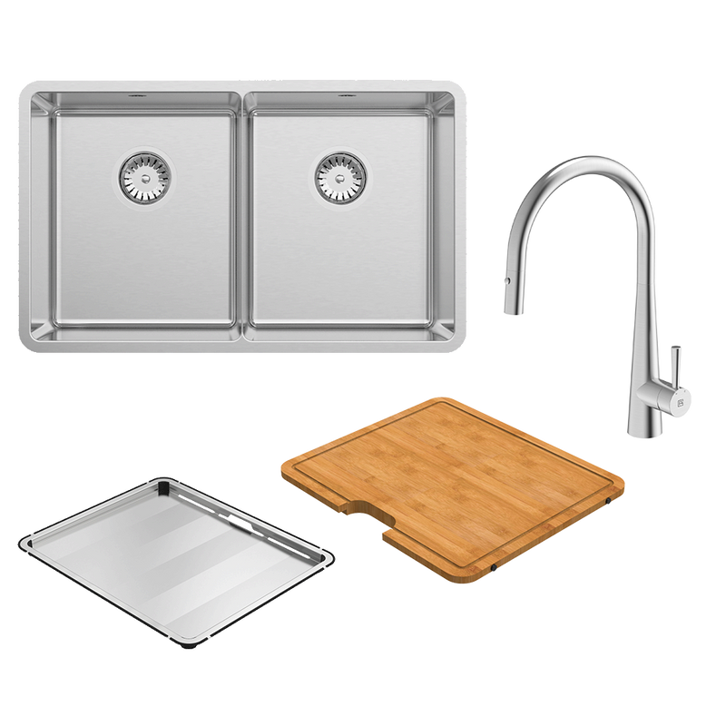 Abey Lucia 200 Sink Stainless Steel With KTA014-BR Kitchen Mixer, Drain Tray & Cutting Board