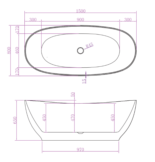 Riva Layla Super Slim Edge Unique 1500mm Freestanding Bathtub Matte White - Sydney Home Centre