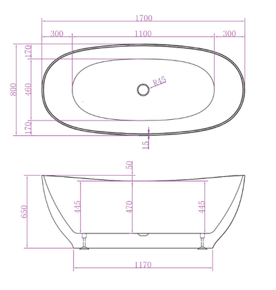 Riva Layla Super Slim Edge Unique 1700mm Freestanding Bathtub Matte White - Sydney Home Centre