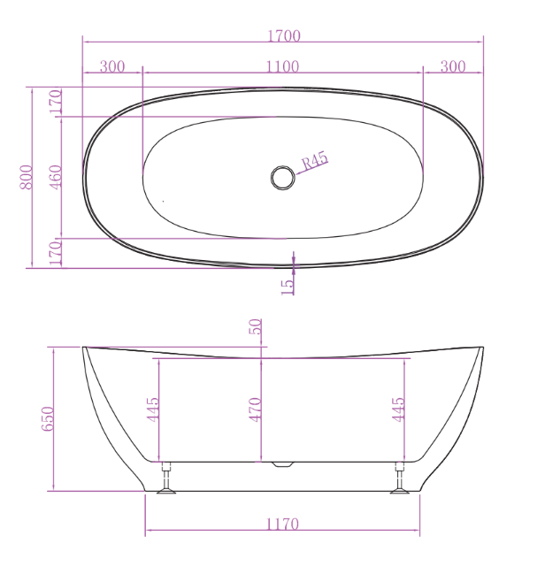 Riva Layla Super Slim Edge Unique 1700mm Freestanding Bathtub Matte White - Sydney Home Centre