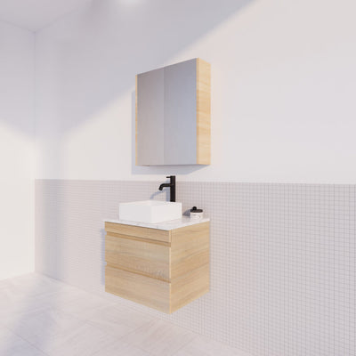 Viva ABS MF 600mm Light Oak Single Bowl Wall Hung Vanity (Volvo Polymarble Top) - Sydney Home Centre