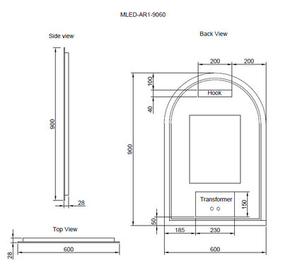 Riva AR1 900mm x 600mm Frameless Backlit Arch Led Mirror 3 Colour lights - Sydney Home Centre