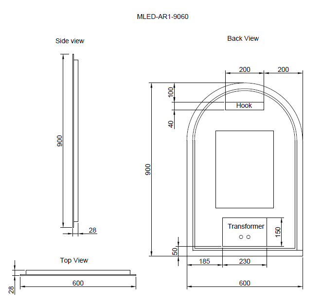 Riva AR1 900mm x 600mm Frameless Backlit Arch Led Mirror 3 Colour lights - Sydney Home Centre