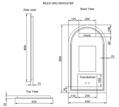 Riva AR2 800mm x 450mm Framed Arch Led Mirror 3 Colour lights with Dimmer Black - Sydney Home Centre