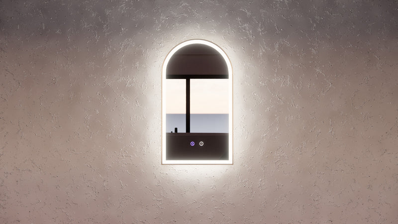 Riva AR2 800mm x 450mm Framed Arch Led Mirror 3 Colour lights with Dimmer Brushed Gold - Sydney Home Centre