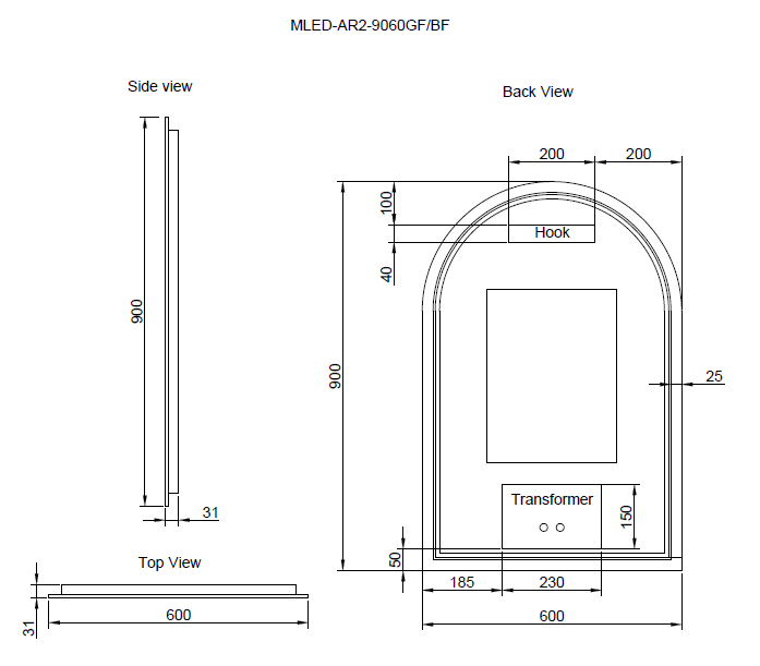 Riva AR2 900mm x 600mm Framed Arch Led Mirror 3 Colour lights with Dimmer Black - Sydney Home Centre