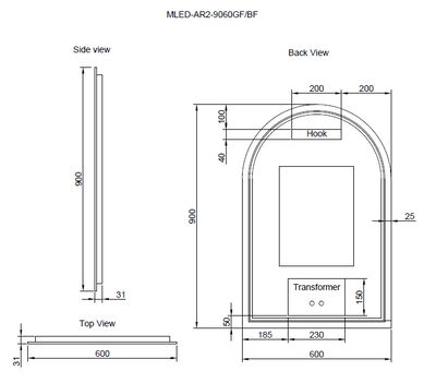 Riva AR2 900mm x 600mm Framed Arch Led Mirror 3 Colour lights with Dimmer Brushed Gold - Sydney Home Centre