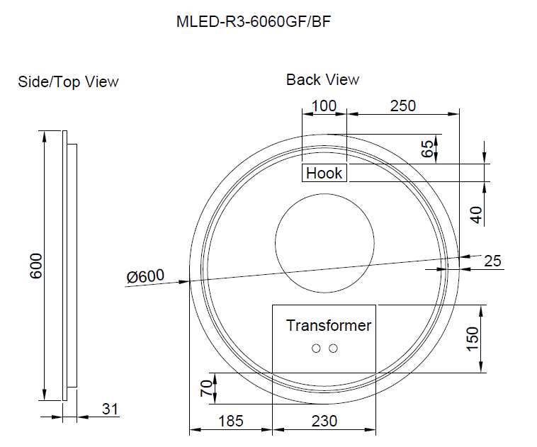 Riva R3 600mm Framed Round Led Mirror 3 Colour lights with Dimmer Brushed Nickel - Sydney Home Centre