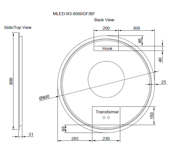 Riva R3 800mm Framed Round Led Mirror 3 Colour lights with Dimmer Brushed Gold - Sydney Home Centre