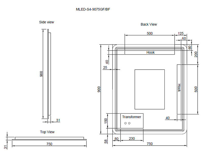 Riva S4 900mm x 750mm Framed Rectangle Led Mirror 3 Colour lights with Dimmer Brushed Nickel - Sydney Home Centre