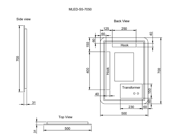 Riva S5 500mm x 700mm Frameless Rectangle Led Mirror 3 Colour lights Backlit with Defogging Function - Sydney Home Centre