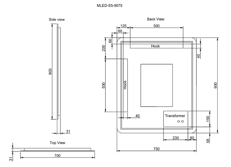 Riva S5 900mm x 750mm Frameless Rectangle Led Mirror 3 Colour lights Backlit with Defogging Function - Sydney Home Centre