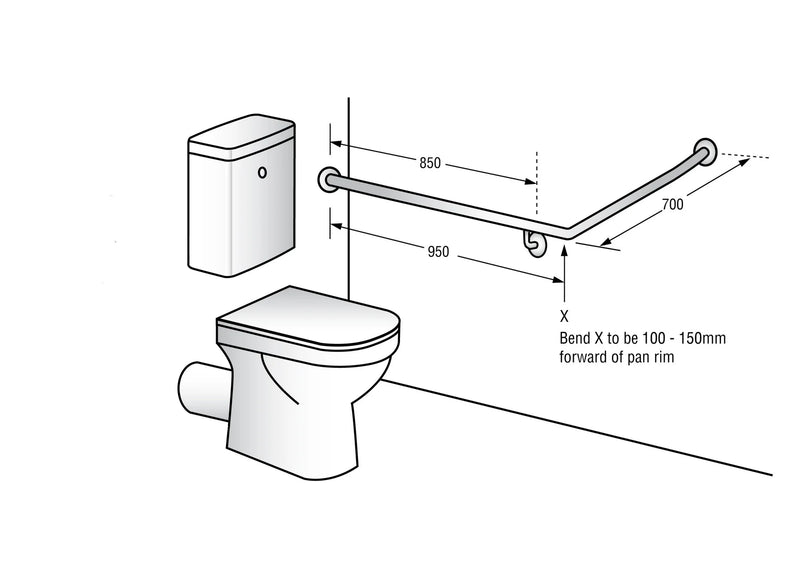 Dolphy 30° Flush Mount Side Wall Left Hand Grab Rail 950x700mm Silver