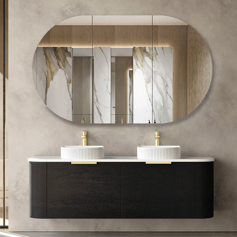 Otti Bondi 1500mm Curve Vanity Black Oak (Natural Marble Top) - WHILE STOCK LASTS - Sydney Home Centre