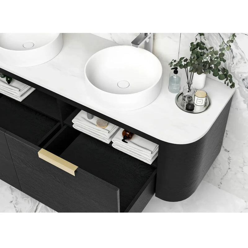 Otti Bondi 1500mm Curve Vanity Black Oak (Natural Marble Top) - WHILE STOCK LASTS - Sydney Home Centre