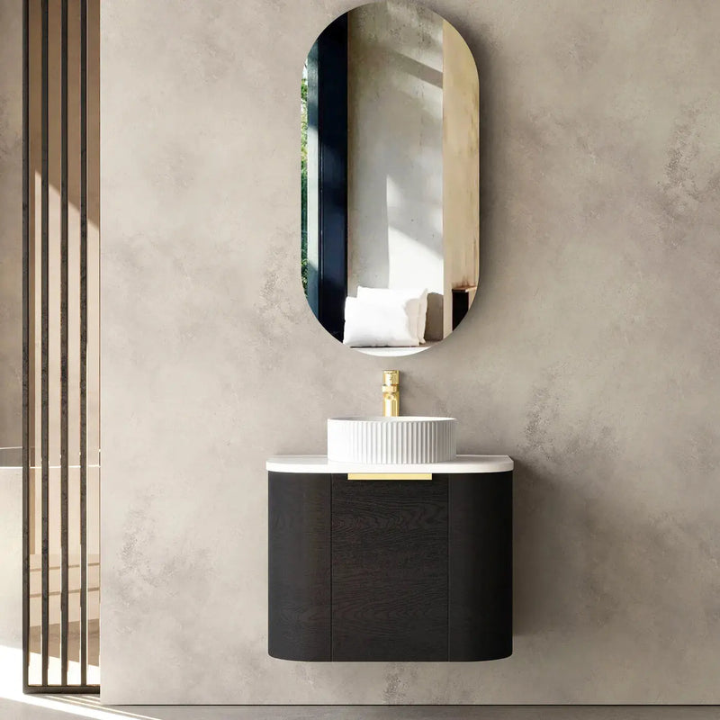 Otti Bondi 600mm Curve Vanity Black Oak (Natural Marble Top) - WHILE STOCK LASTS - Sydney Home Centre