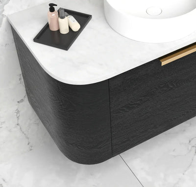 Otti Bondi 600mm Curve Vanity Black Oak (Natural Marble Top) - WHILE STOCK LASTS - Sydney Home Centre