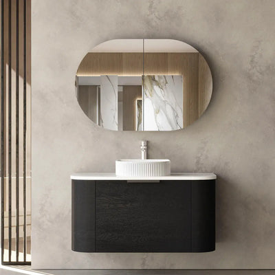 Otti Bondi 900mm Curve Vanity Black Oak (Natural Marble Top) - WHILE STOCK LASTS - Sydney Home Centre