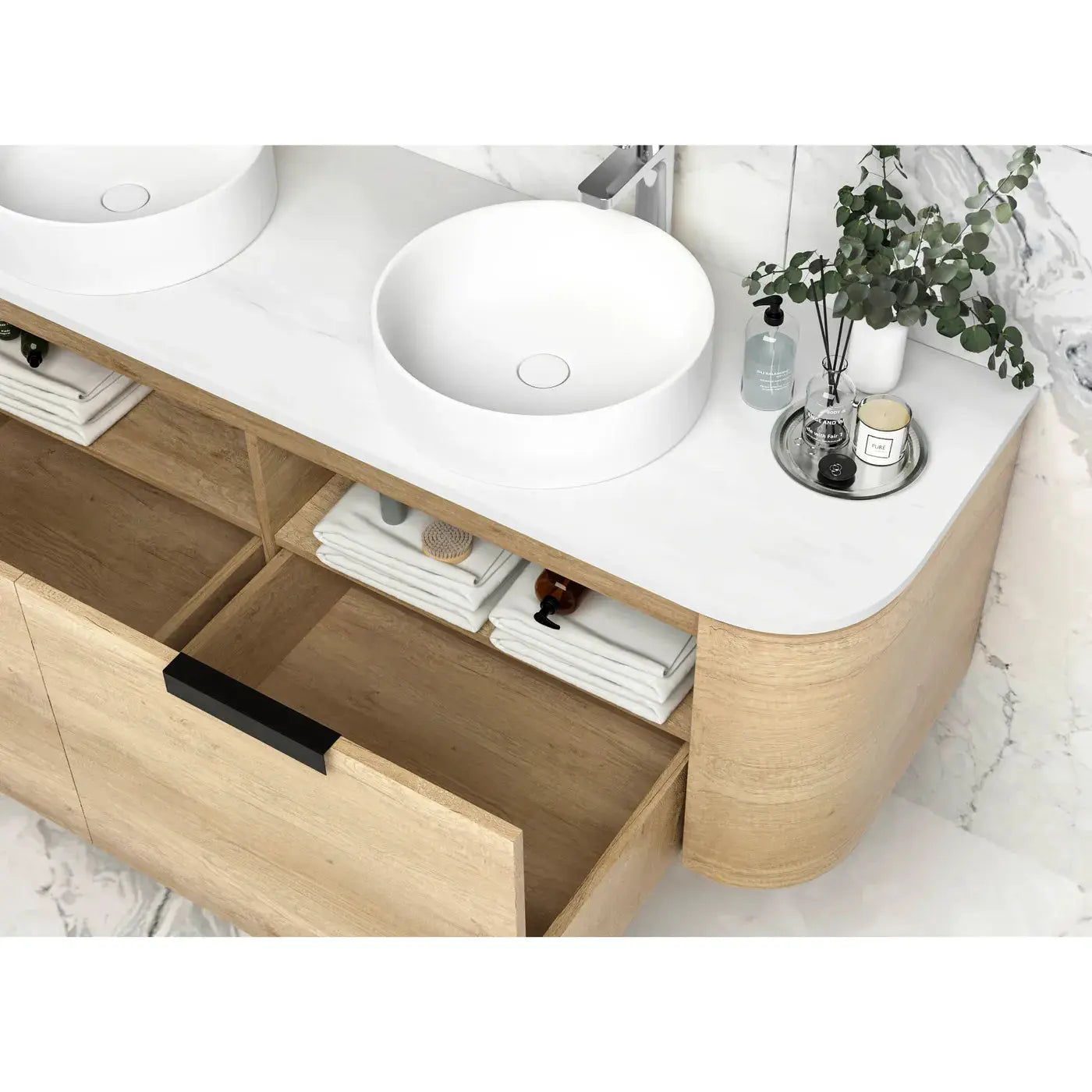 Otti Bondi 1800mm Curve Vanity Natural Oak (Natural Marble Top) - WHILE STOCK LASTS - Sydney Home Centre