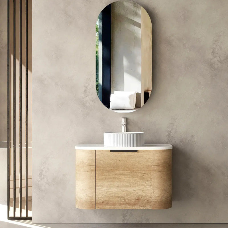 Otti Bondi 750mm Curve Vanity Natural Oak (Natural Marble Top) - WHILE STOCK LASTS - Sydney Home Centre