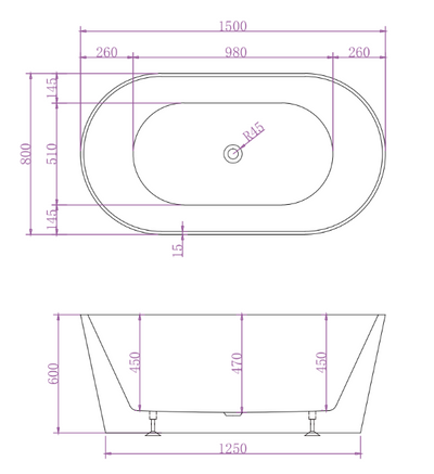 Riva Mia Super Slim Edge Oval 1500mm Freestanding Bathtub Matte White - Sydney Home Centre