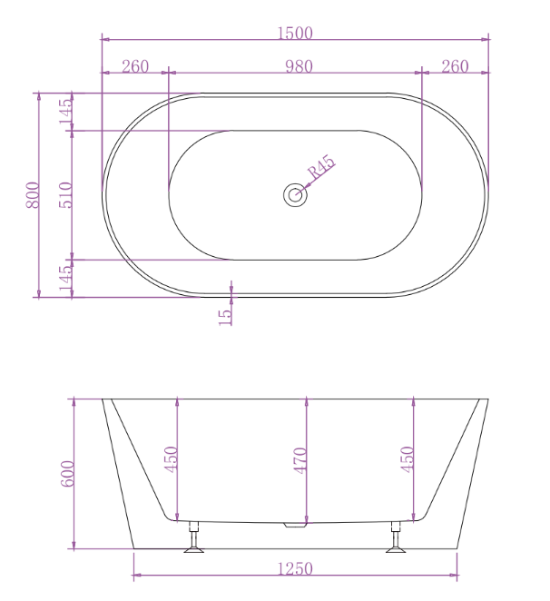 Riva Mia Super Slim Edge Oval 1500mm Freestanding Bathtub Matte White - Sydney Home Centre