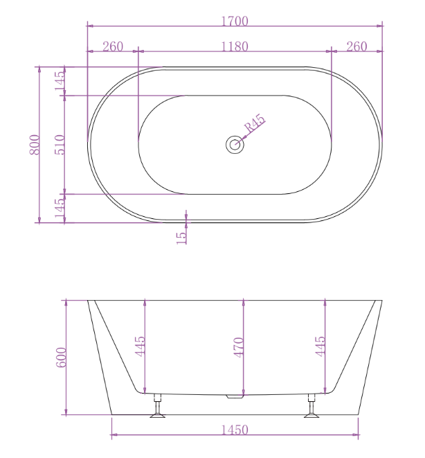 Riva Mia Super Slim Edge Oval 1700mm Freestanding Bathtub Matte White - Sydney Home Centre