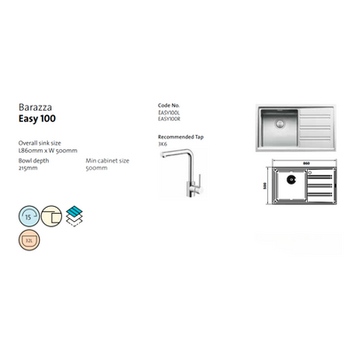 Barazza Easy Single Left Hand Bowl Sink with Drainer