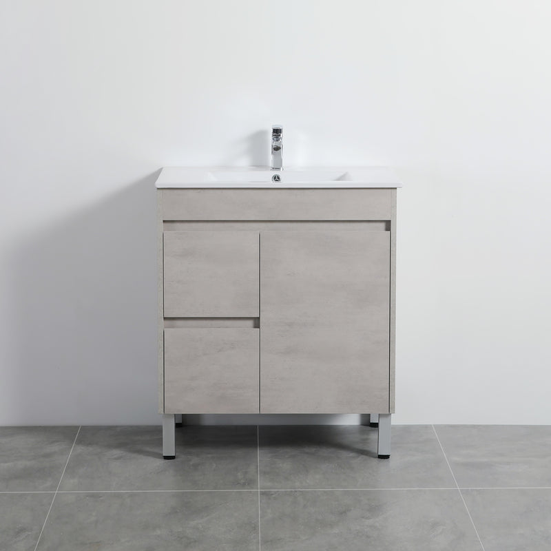 Poseidon Nova 750mm Left Hand Drawer Freestanding Vanity Concrete Grey (Ceramic Top) - Sydney Home Centre