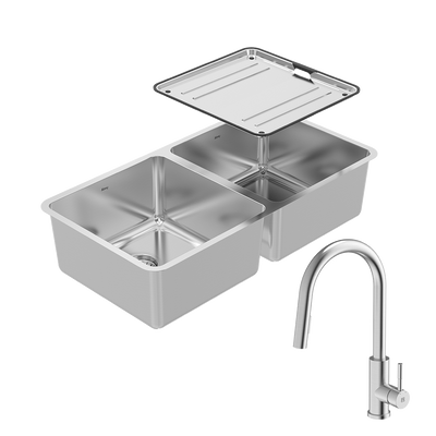 Lago Double Bowl Sink Package with 304 Gooseneck Pull Out Kitchen Mixer