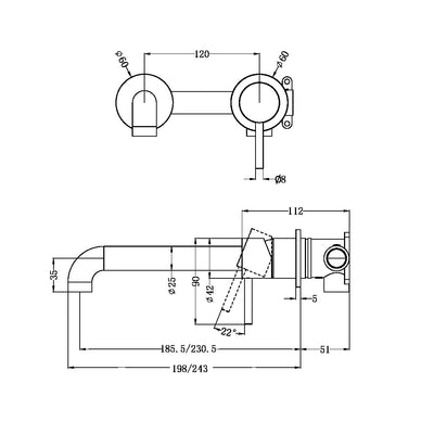 Zen SS316L Wall Basin/Bath Mixer Separate Back Plate 185mm Spout Brushed Nickel