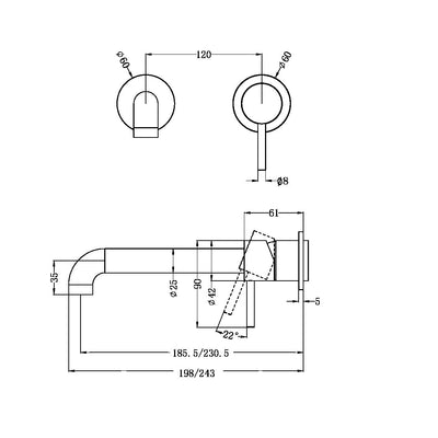 Zen SS316L Wall Basin/Bath Mixer Separate Back Plate 185mm Spout Trim Kits Only Graphite