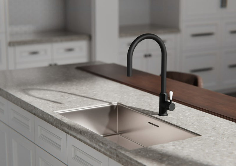 Nero York Pull Out Sink Mixer With Vegie Spray Function With White Porcelain Lever Matte Black