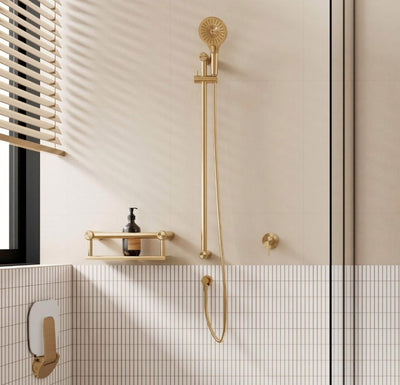 Nero Mecca Care 32mm T Bar Grab Rail And Adjustable Shower Set 1100X750mm Brushed Gold - Sydney Home Centre