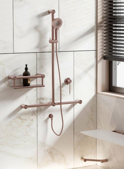 Nero Mecca Care 32mm T Bar Grab Rail And Adjustable Shower Set 1100X750mm Brushed Bronze - Sydney Home Centre