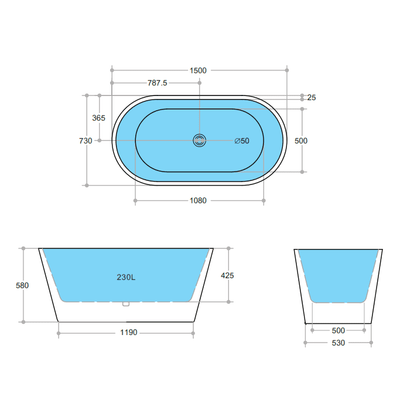 Poseidon Ovia Free Standing 1500mm Gloss Black And White Bathtub - Sydney Home Centre