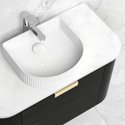 Otti Bondi 750mm Curve Vanity Black Oak (Natural Marble Top) - WHILE STOCK LASTS - Sydney Home Centre