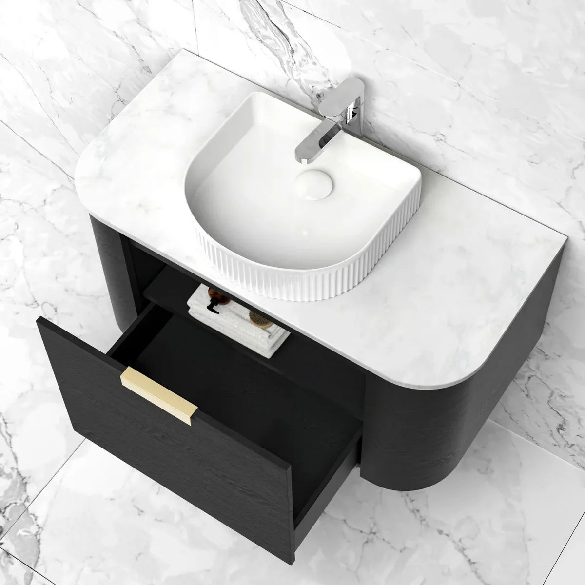 Otti Bondi 900mm Curve Vanity Black Oak (Natural Marble Top) - WHILE STOCK LASTS - Sydney Home Centre