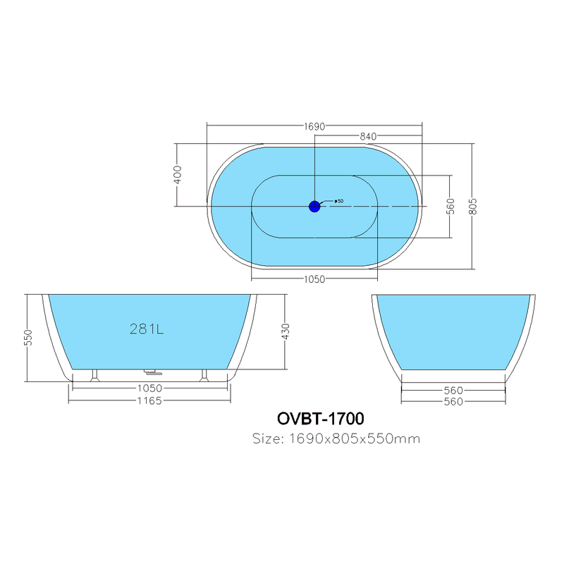 Poseidon Olivia Free Standing 1700mm Matte White Bathtub - Sydney Home Centre